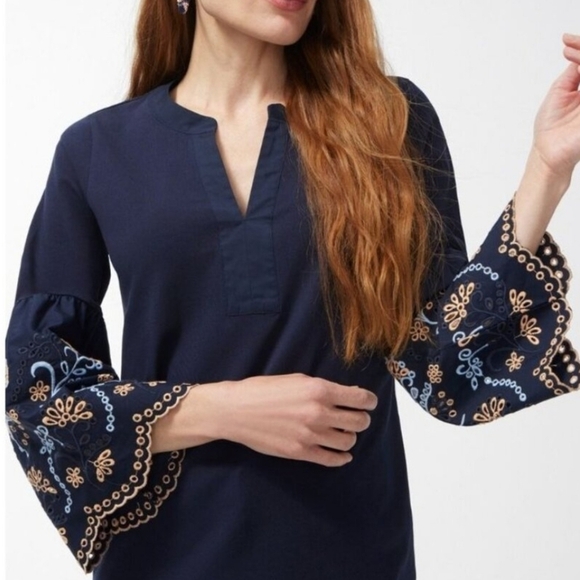 Chico's, Navy Blue Notch Neck Embroidered Eyelet Bell Sleeve Top, Size Large 2 - Picture 1 of 11